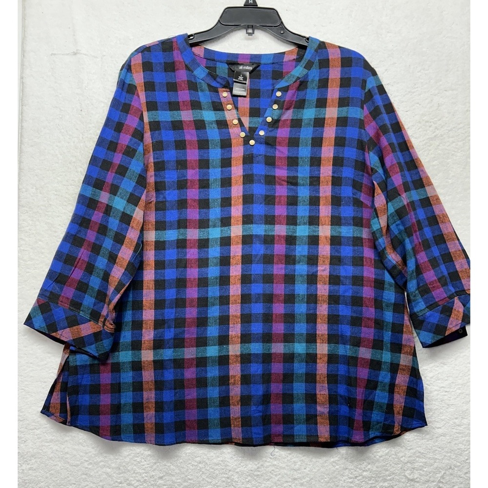 Ali Miles Womens Size L Blue 3/4 Sleeve Linen Blend Plaid Top (J13)